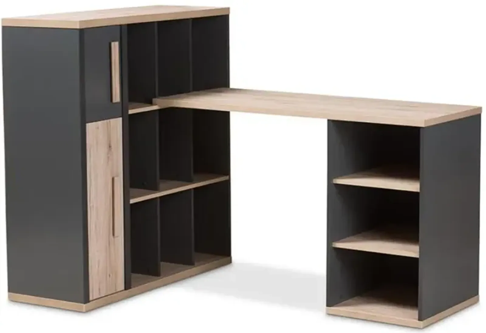 Dark Grey and Light Brown Two-Tone Study Desk with Built-in Shelving Unit