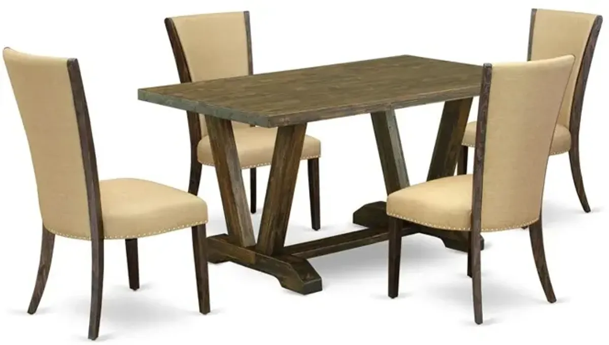 East West Furniture V776VE703-5 5Pc Dining Table Set Contains a Wood Dining Table and 4 Upholstered Dining Chairs with Brown Color Linen Fabric, Medium Size Table with Full Back Chairs, Distressed Jac