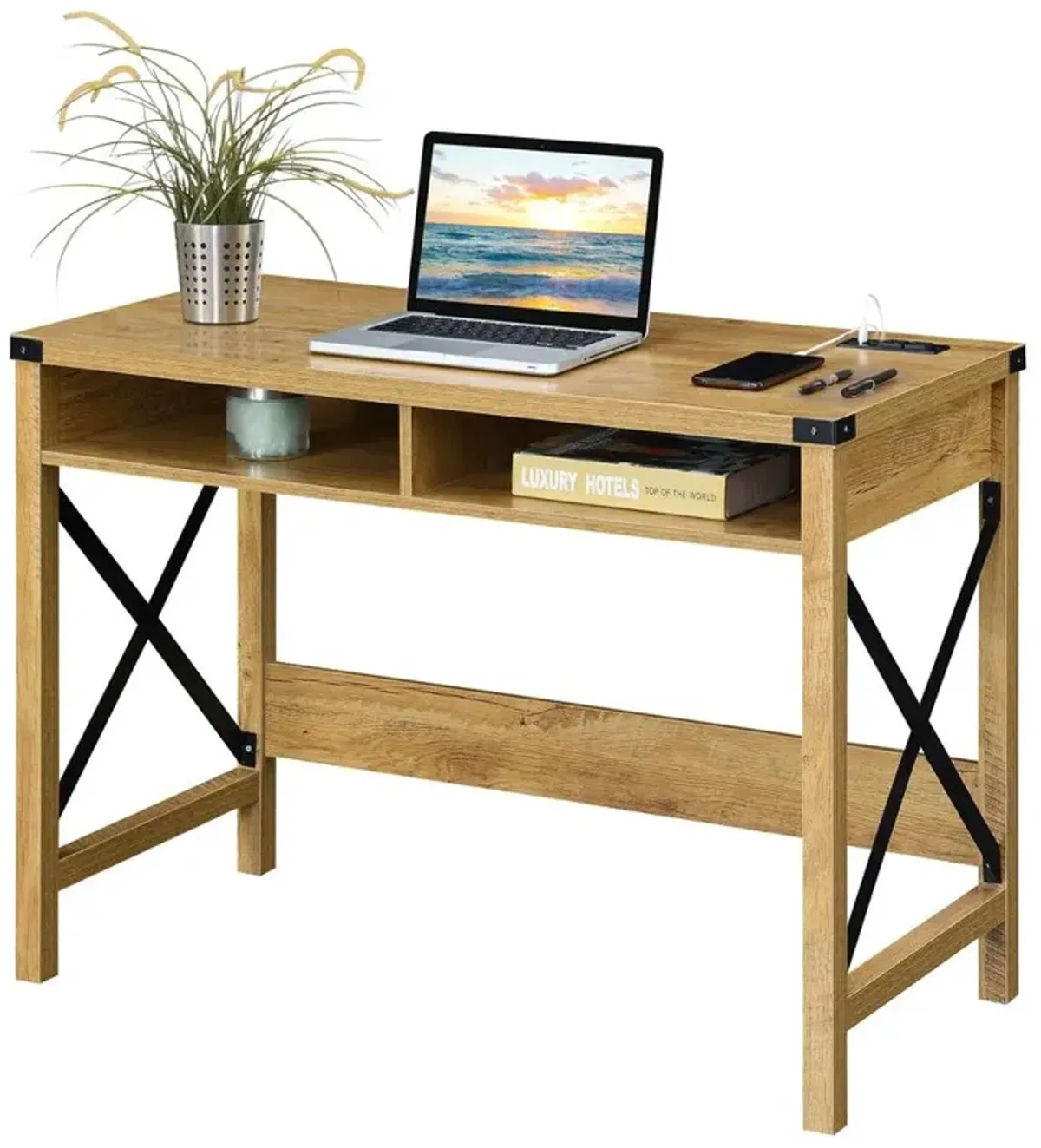 Convenience Concepts Durango 42 Inch Desk With Charging Station, English Oak/Black