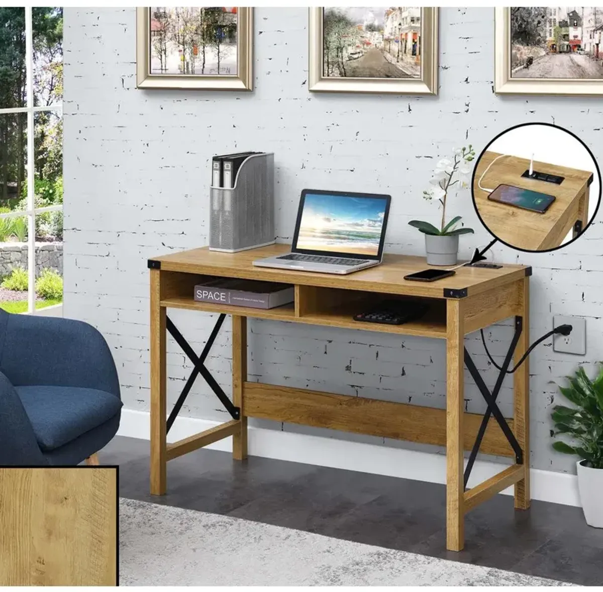 Convenience Concepts Durango 42 Inch Desk With Charging Station, English Oak/Black