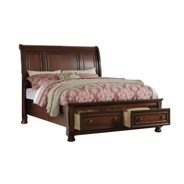 Splendid Wooden Queen Bed, Antique Cherry Finish - Benzara