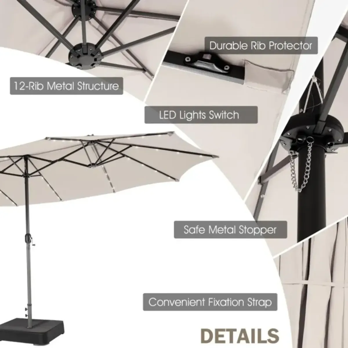 Hivvago 15 Feet Twin Patio Umbrella with 48 Solar LED Lights