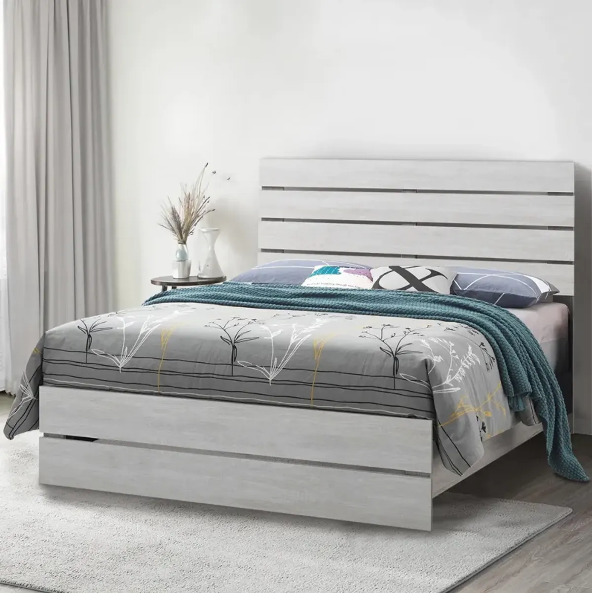 Queen Bed with Panel Headboard and Footboard, White-Benzara