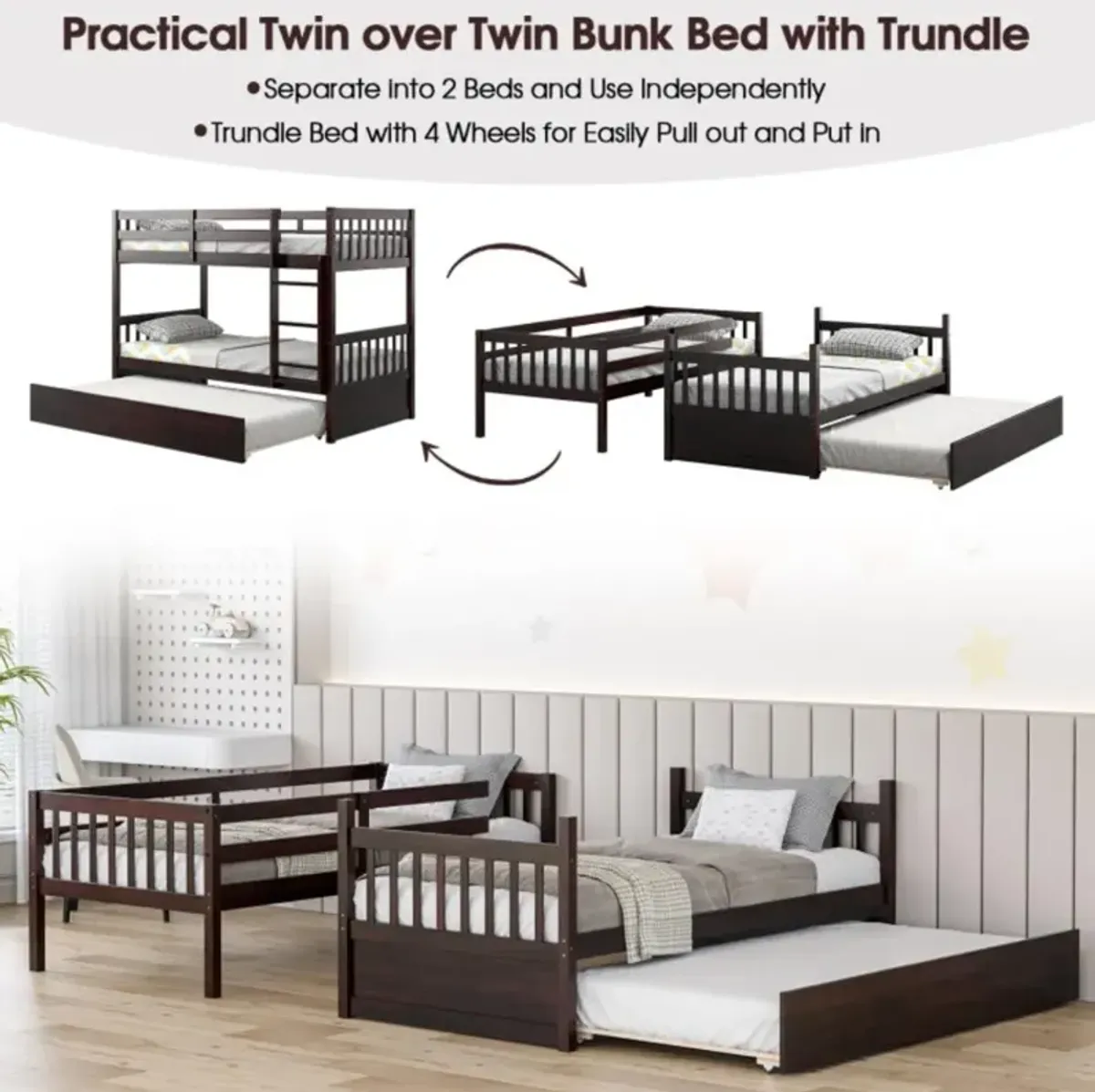 Hivvago Twin Over Twin Bunk Bed with Pull-out Trundle and Ladder