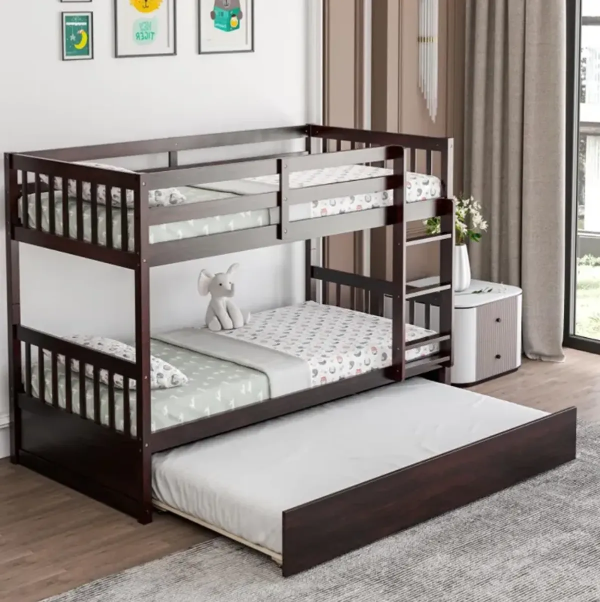 Hivvago Twin Over Twin Bunk Bed with Pull-out Trundle and Ladder