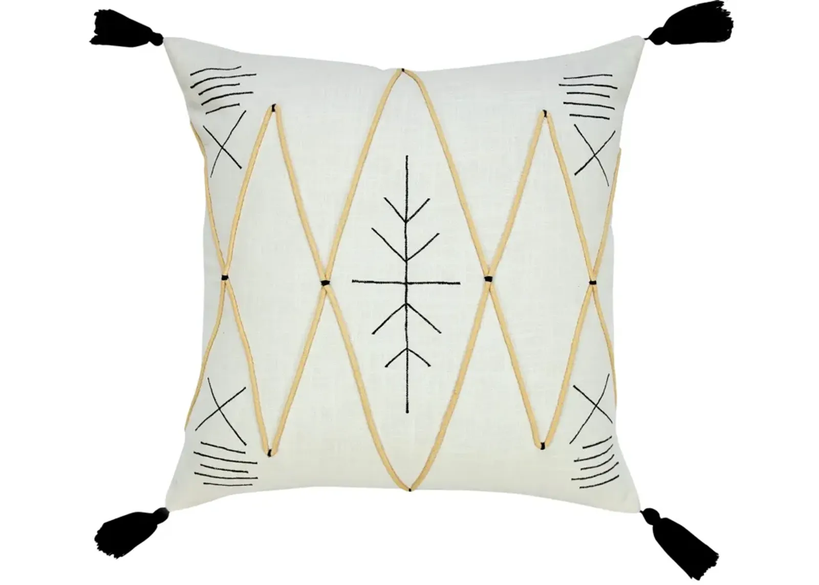 20" Black and White Bohemian Embroidered Square Throw Pillow