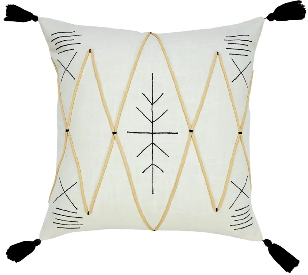 20" Black and White Bohemian Embroidered Square Throw Pillow