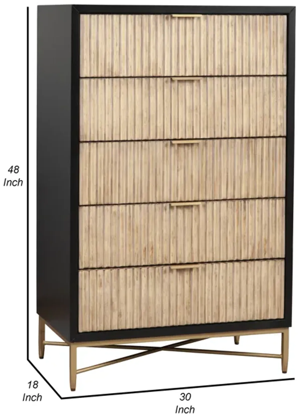 Chest with 5 Corrugated Drawers and Metal Base, Black - Benzara