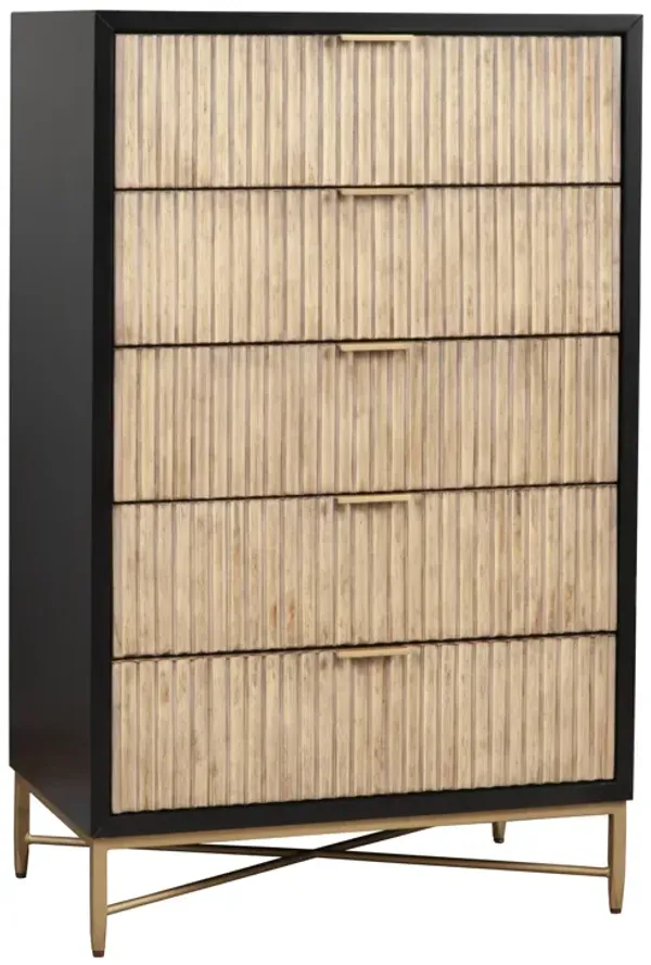 Chest with 5 Corrugated Drawers and Metal Base, Black - Benzara