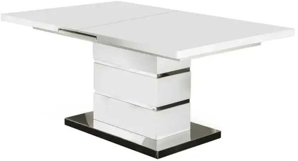 Extendable Dining Table with Metal Base, White and Silver - Benzara