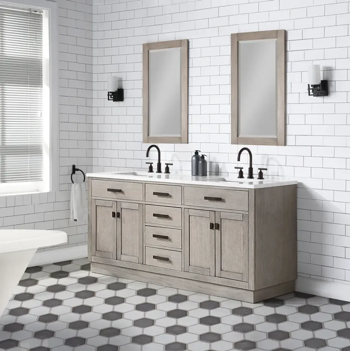 Chestnut 72 In. Double Sink Carrara White Marble Countertop Bath Vanity In Grey Oak with Oil Rubbed Bronze Hardware