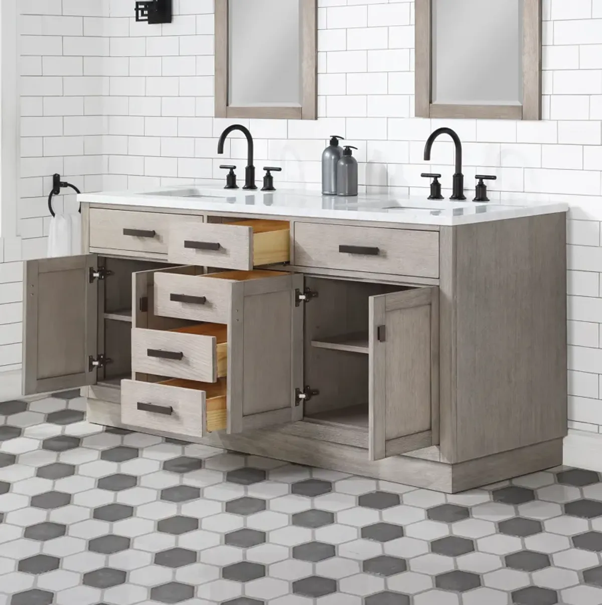 Chestnut 72 In. Double Sink Carrara White Marble Countertop Bath Vanity In Grey Oak with Oil Rubbed Bronze Hardware