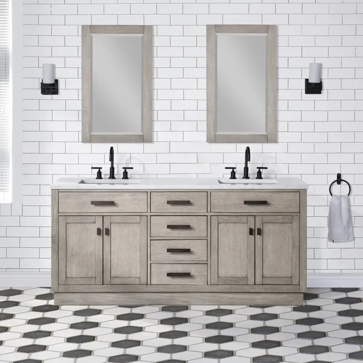 Chestnut 72 In. Double Sink Carrara White Marble Countertop Bath Vanity In Grey Oak with Oil Rubbed Bronze Hardware