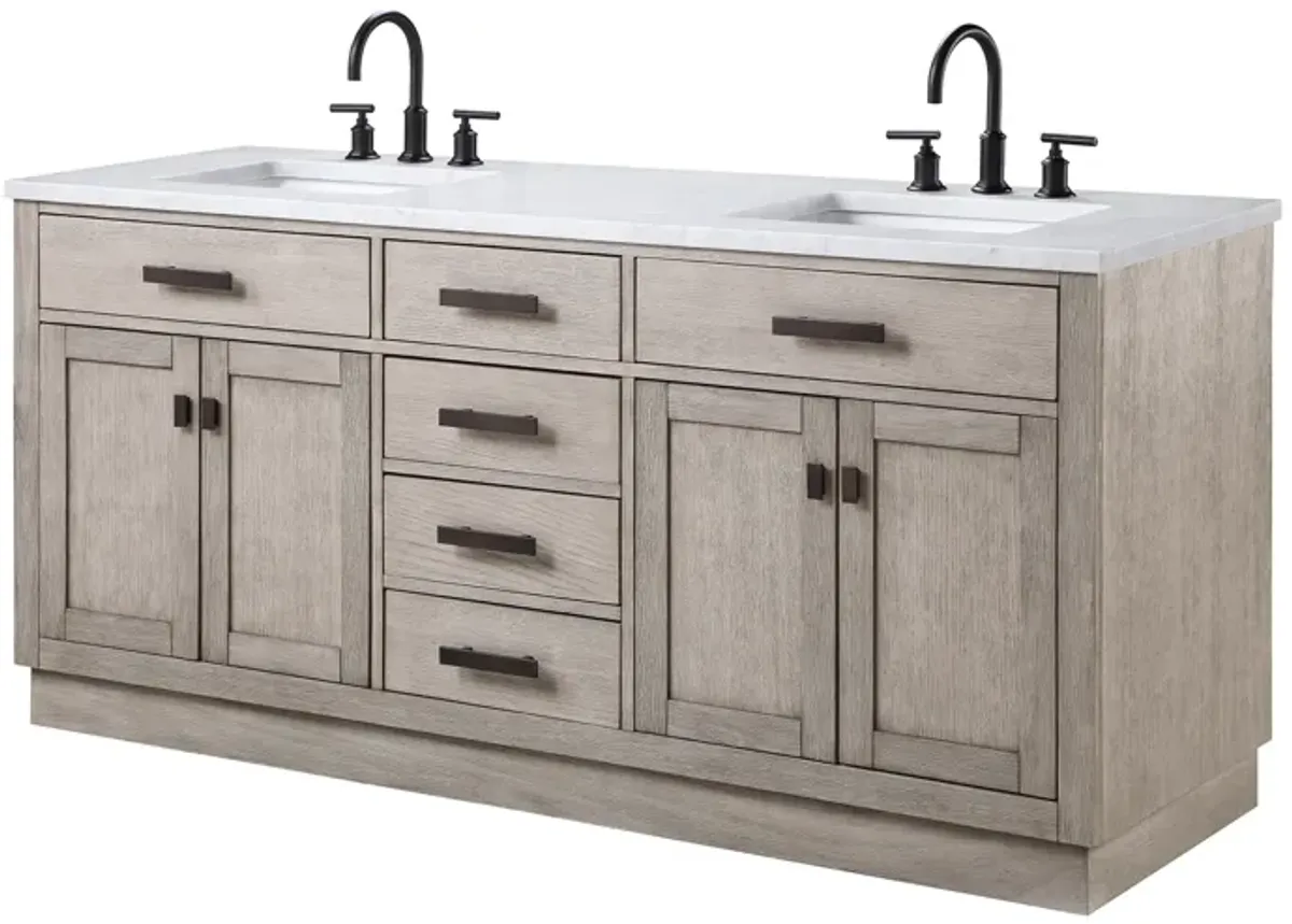 Chestnut 72 In. Double Sink Carrara White Marble Countertop Bath Vanity In Grey Oak with Oil Rubbed Bronze Hardware