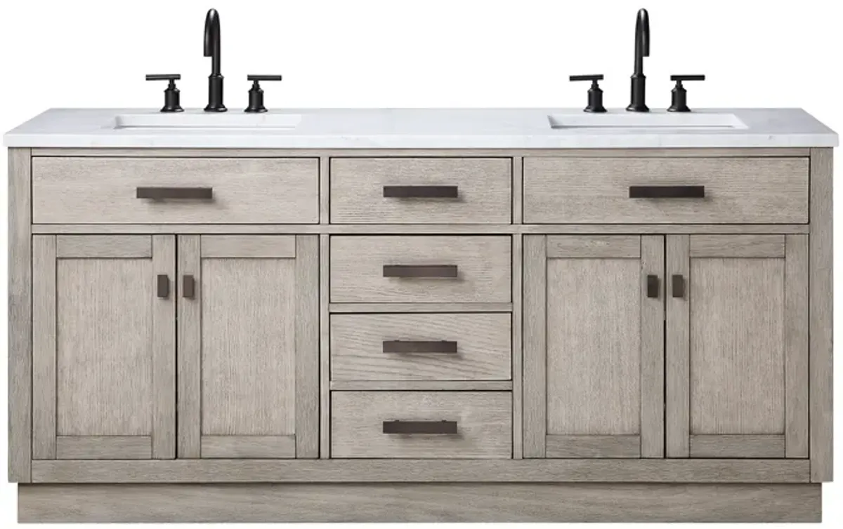 Chestnut 72 In. Double Sink Carrara White Marble Countertop Bath Vanity In Grey Oak with Oil Rubbed Bronze Hardware