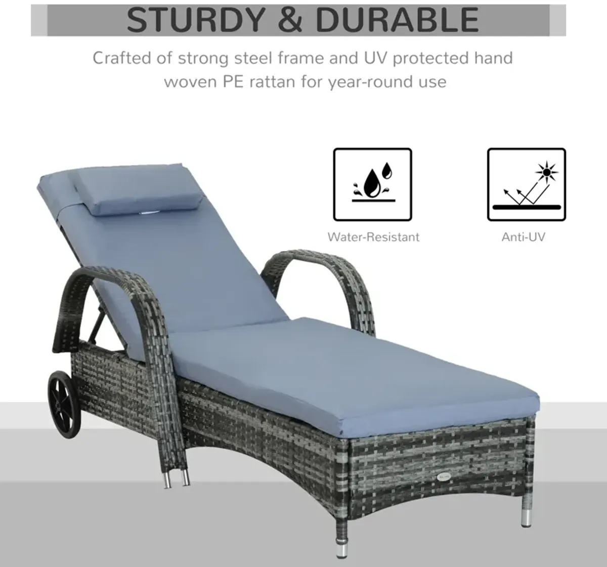 Grey Outdoor Lounger: Wicker Chaise with Adjustable Back and Wheels