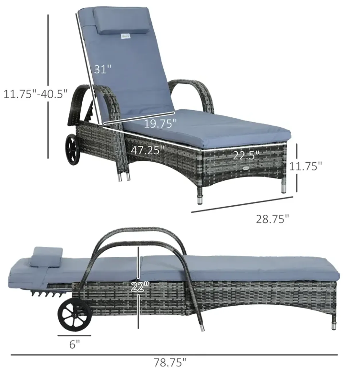 Grey Outdoor Lounger: Wicker Chaise with Adjustable Back and Wheels