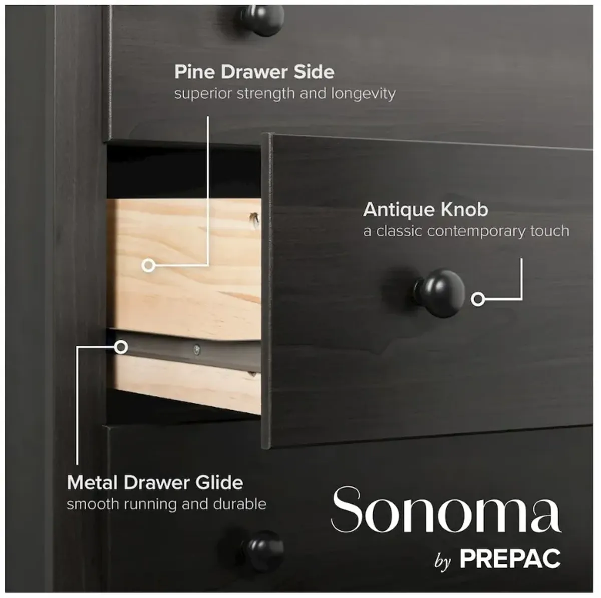 Prepac Sonoma 5-Drawer Chest, Washed Black