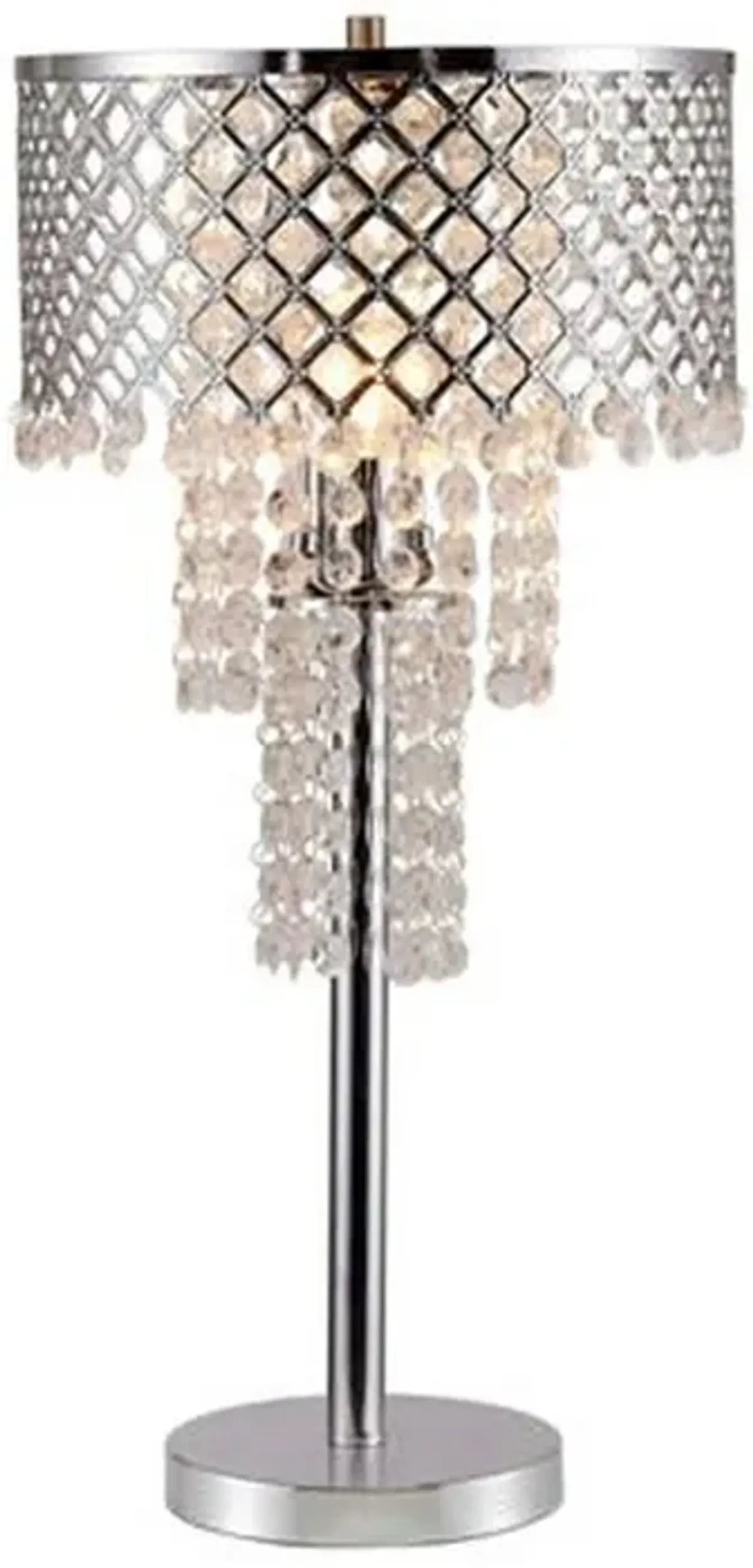 Denise 29 Inch Table Lamp, Glass, Metal Frame, Mesh Shade, Crystals, Gold - Benzara