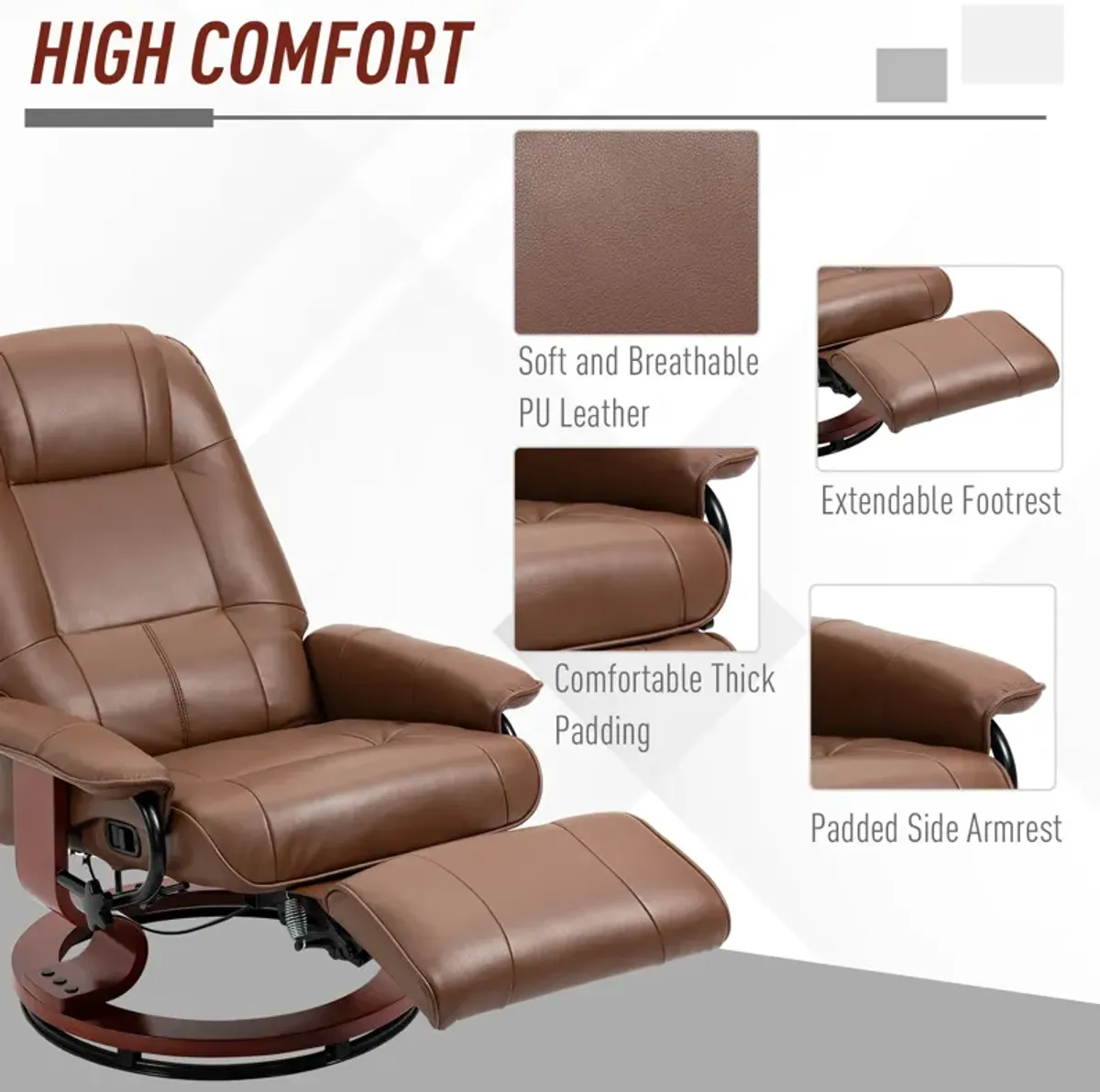 HOMCOM Faux Leather Manual Recliner, Adjustable Swivel Lounge Chair with Footrest, Armrest and Wrapped Wood Base for Living Room, Brown