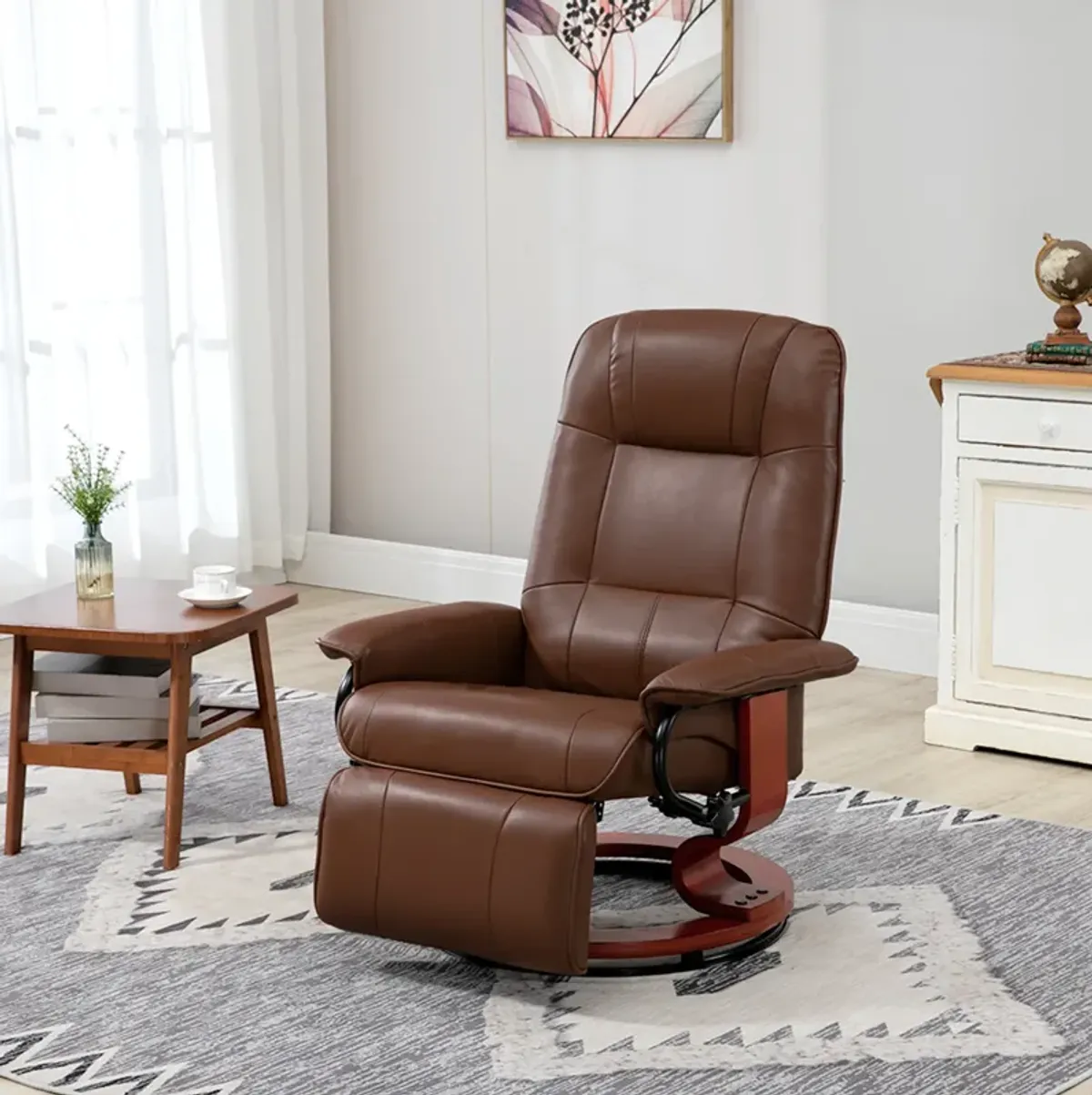 HOMCOM Faux Leather Manual Recliner, Adjustable Swivel Lounge Chair with Footrest, Armrest and Wrapped Wood Base for Living Room, Brown