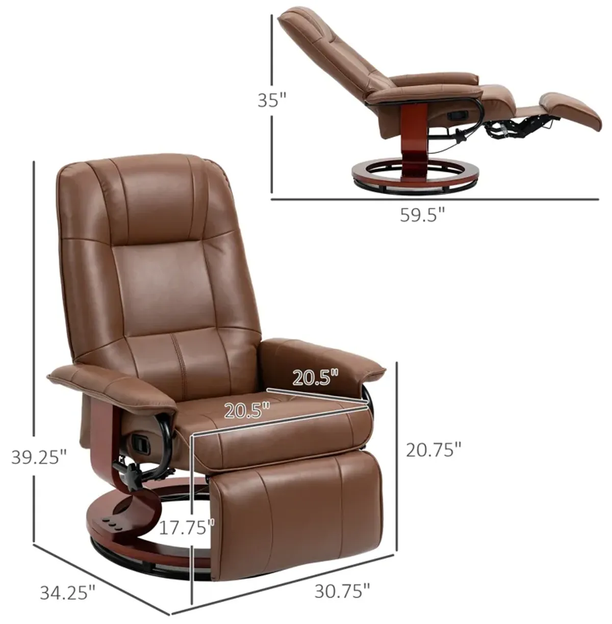 HOMCOM Faux Leather Manual Recliner, Adjustable Swivel Lounge Chair with Footrest, Armrest and Wrapped Wood Base for Living Room, Brown