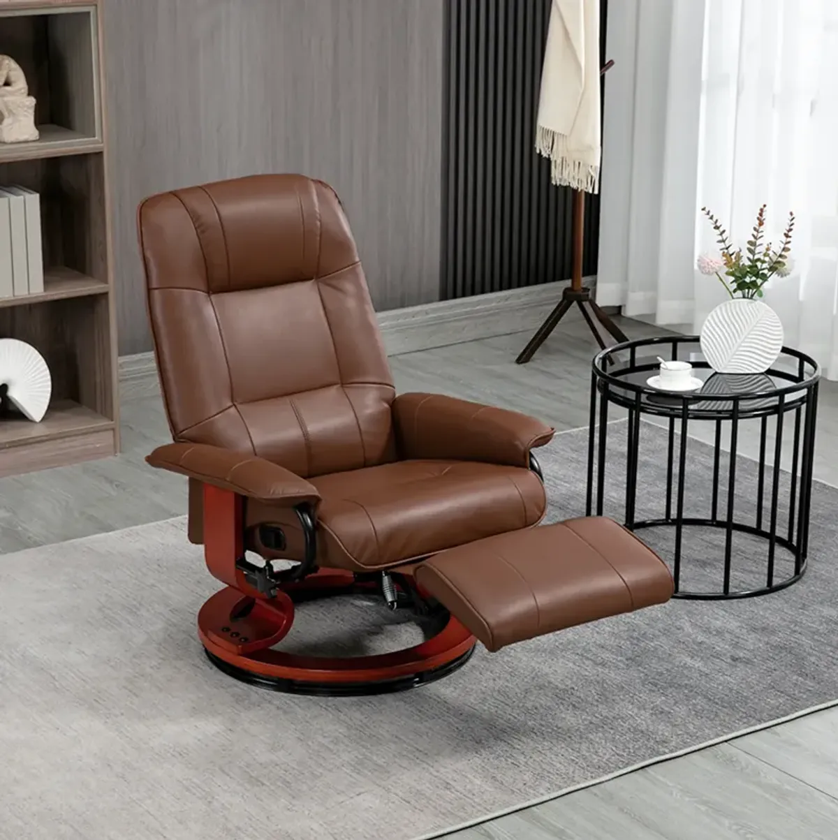 HOMCOM Faux Leather Manual Recliner, Adjustable Swivel Lounge Chair with Footrest, Armrest and Wrapped Wood Base for Living Room, Brown