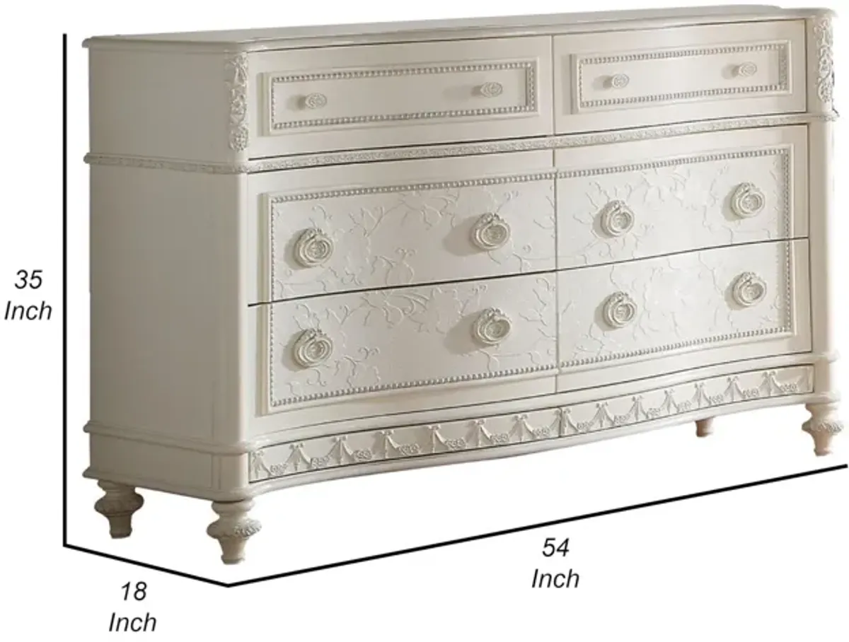 Benjara Dorie 54 Inch Wide Dresser, 6 Drawers, Oval Molded Trim, Ivory White Wood