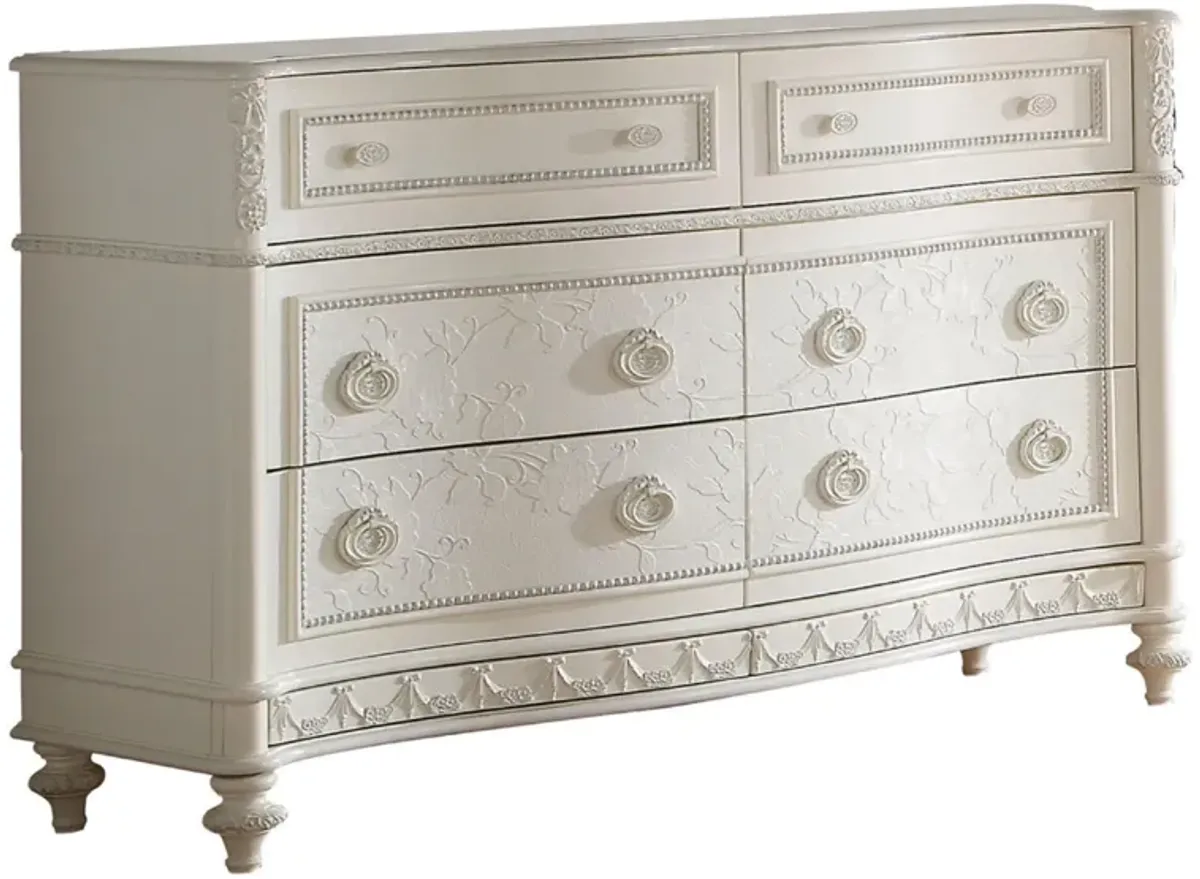 Benjara Dorie 54 Inch Wide Dresser, 6 Drawers, Oval Molded Trim, Ivory White Wood