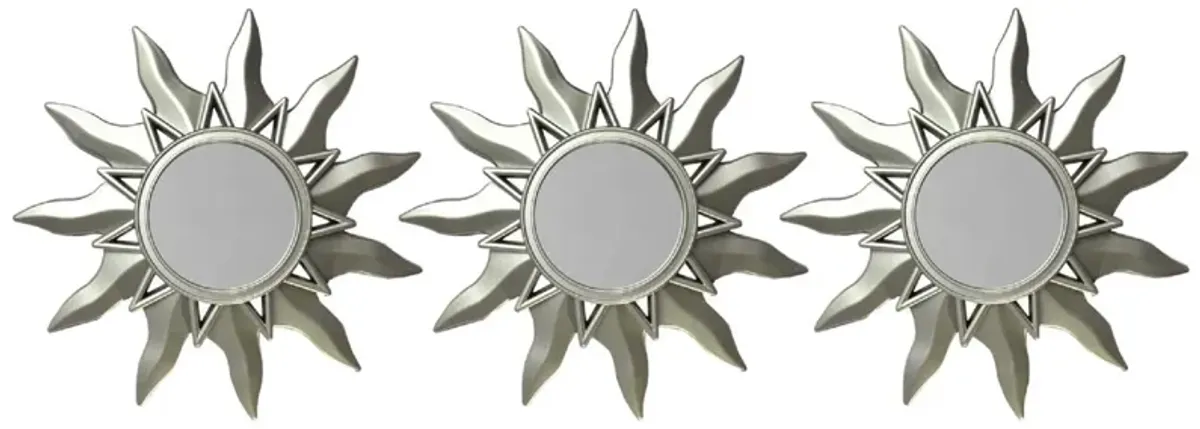 Set of 3 Mayan Sunburst Matte Silver Round Mirrors 9.5"