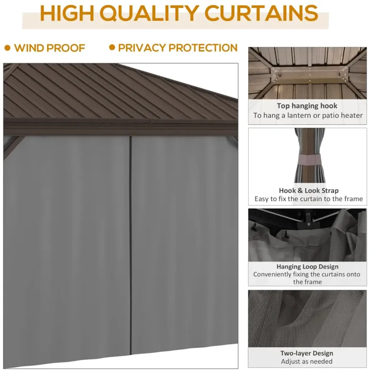 Grey Backyard Shelter: 10x12 Aluminum Hardtop Gazebo with Curtains