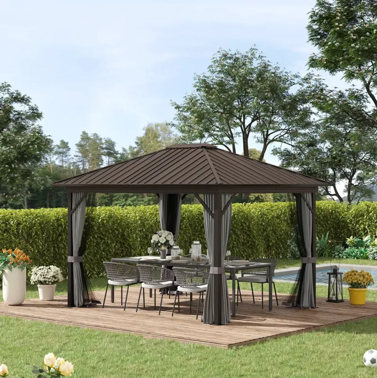 Grey Backyard Shelter: 10x12 Aluminum Hardtop Gazebo with Curtains