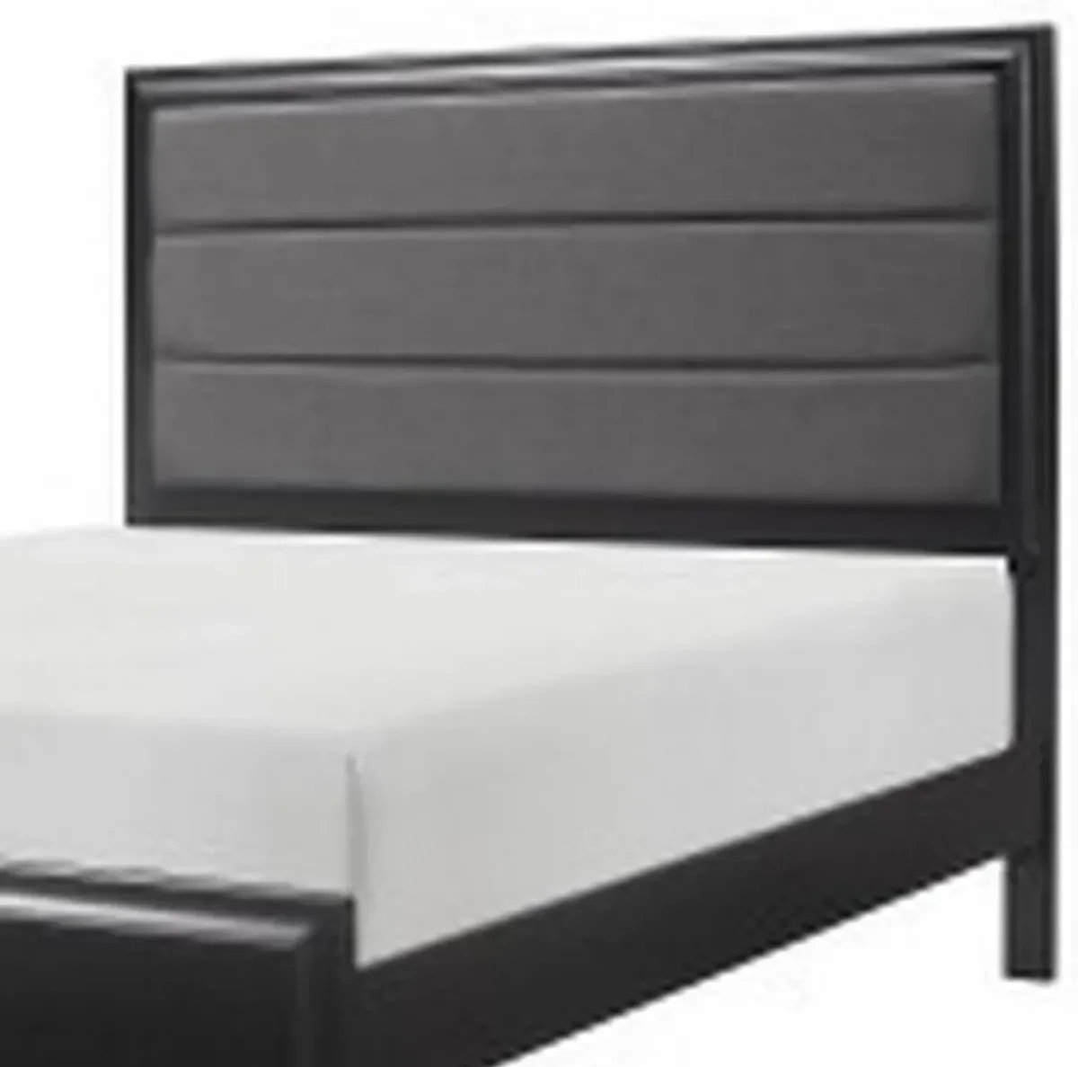 Zen Queen Size Bed, Gray Poly Upholstered Headboard, Espresso Brown Wood - Benzara