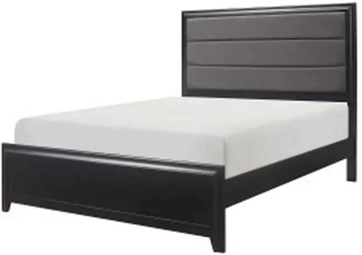 Zen Queen Size Bed, Gray Poly Upholstered Headboard, Espresso Brown Wood - Benzara