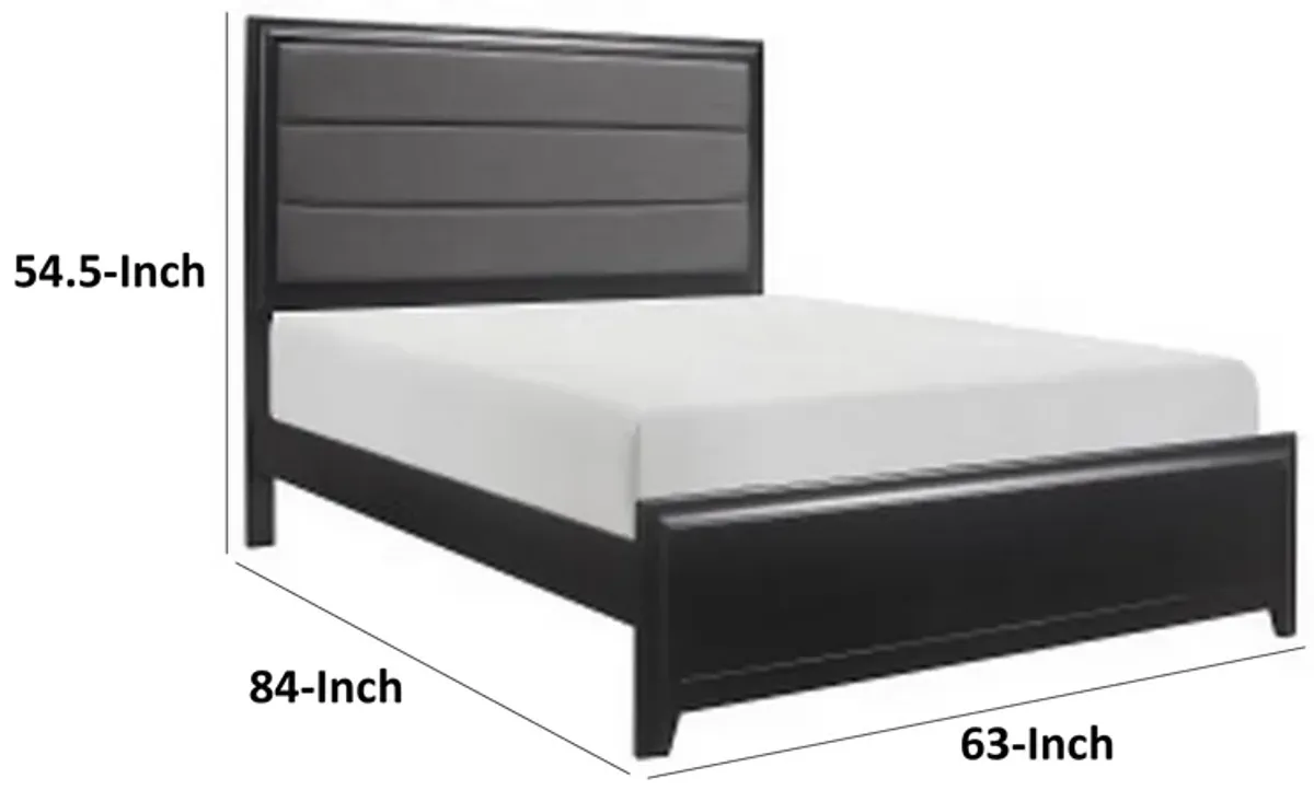 Zen Queen Size Bed, Gray Poly Upholstered Headboard, Espresso Brown Wood - Benzara