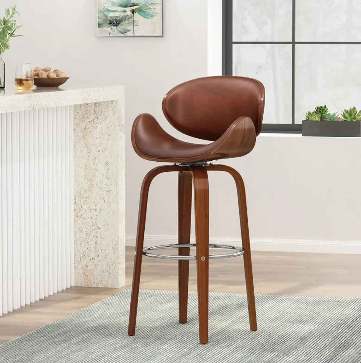 Mid-Century Modern Barstool with Bentwood Frame and Faux Leather Upholstery