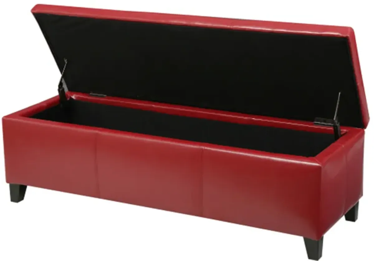 Elias Storage Ottoman Bench, 51 Inch Plush Cherry Red Faux Leather - Benzara