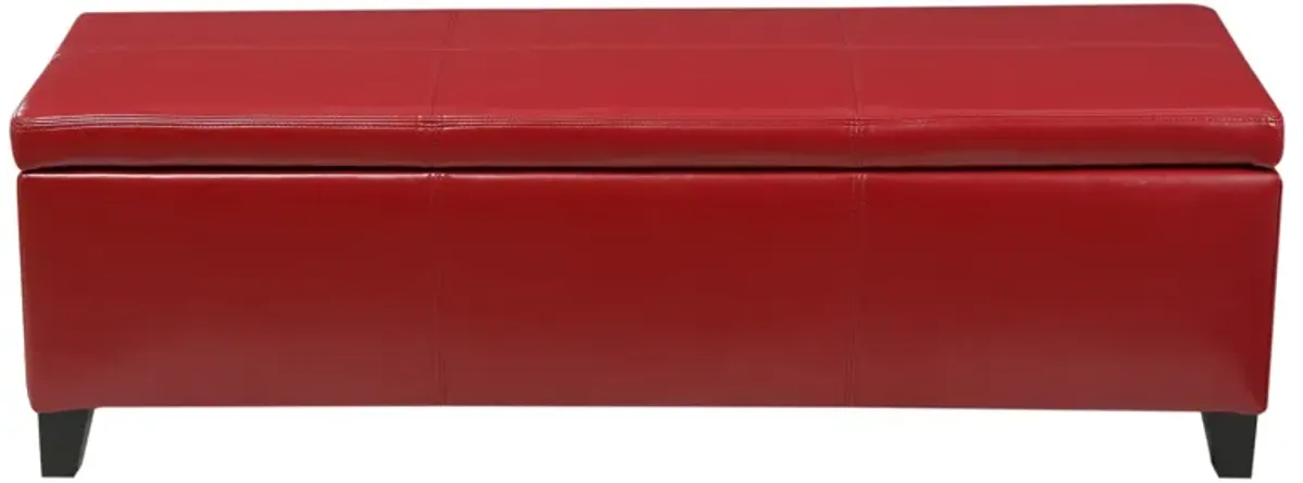 Elias Storage Ottoman Bench, 51 Inch Plush Cherry Red Faux Leather - Benzara