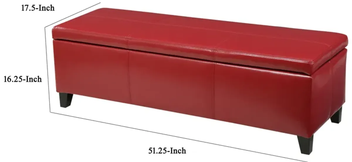 Elias Storage Ottoman Bench, 51 Inch Plush Cherry Red Faux Leather - Benzara