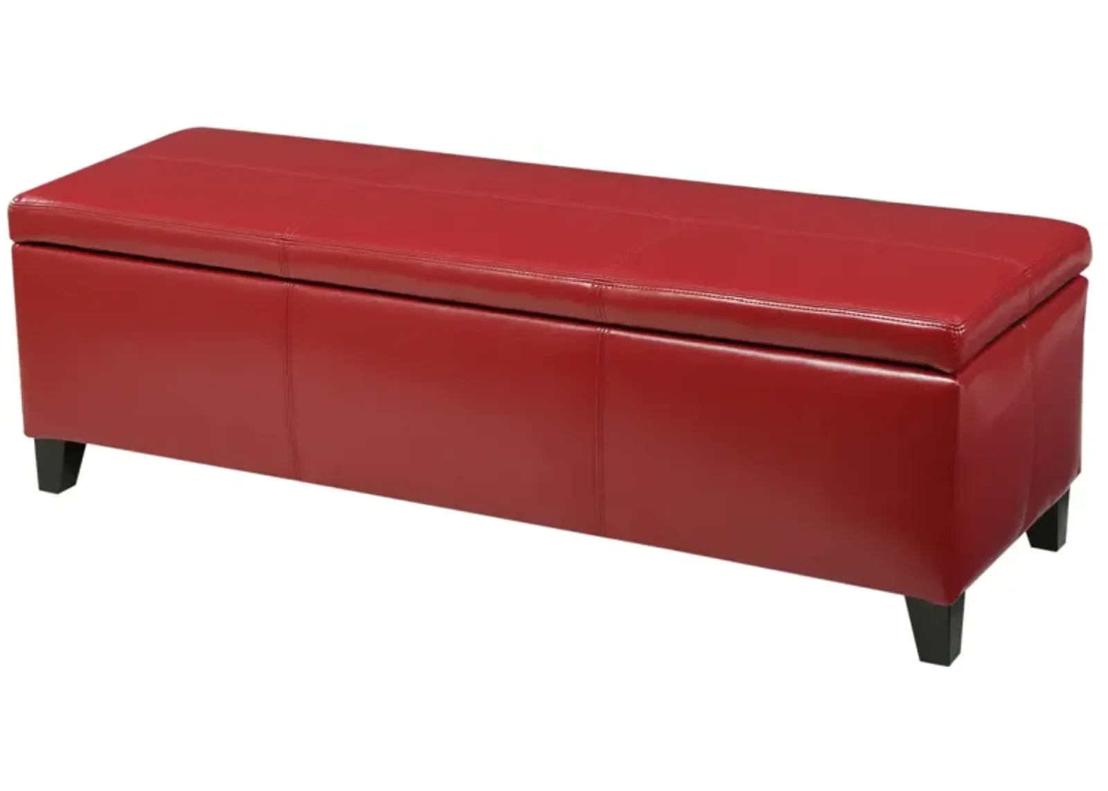 Elias Storage Ottoman Bench, 51 Inch Plush Cherry Red Faux Leather - Benzara