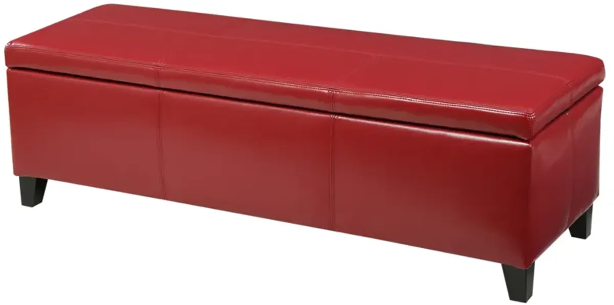 Elias Storage Ottoman Bench, 51 Inch Plush Cherry Red Faux Leather - Benzara