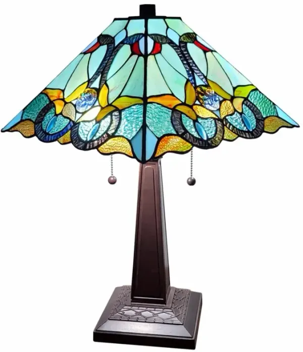 Hivvago 23" Dark Brown Metal Two Light Table Lamp With Blue and Green Cone Shade