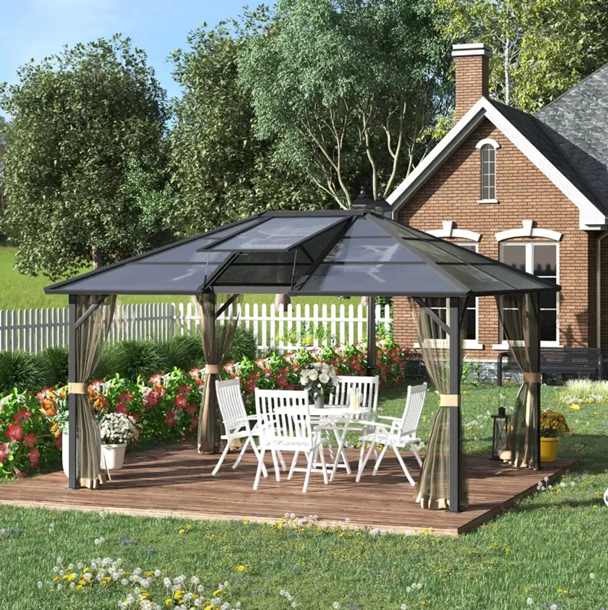 Grey Garden Structure: 14x12 Hardtop Gazebo with Polycarbonate Roof