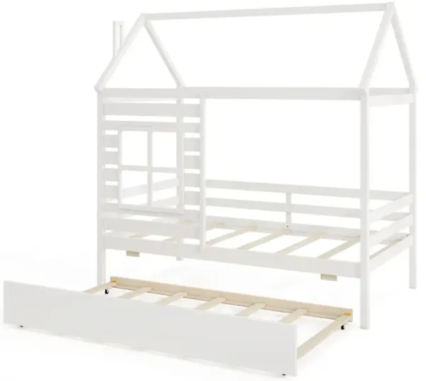 Kids Wood Bed with Roof Canopy and Slide-Out Trundle
