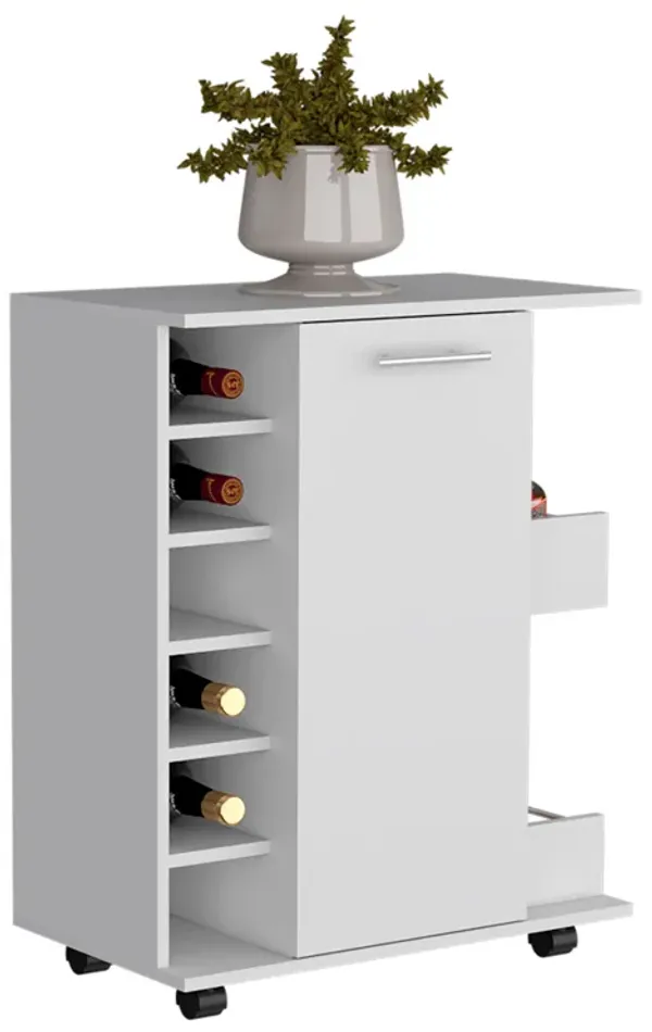 DEPOT E-SHOP Selden Bar Cart with 6-Built in Bottle Racks, Casters and 2-Open Side Shelves, White
