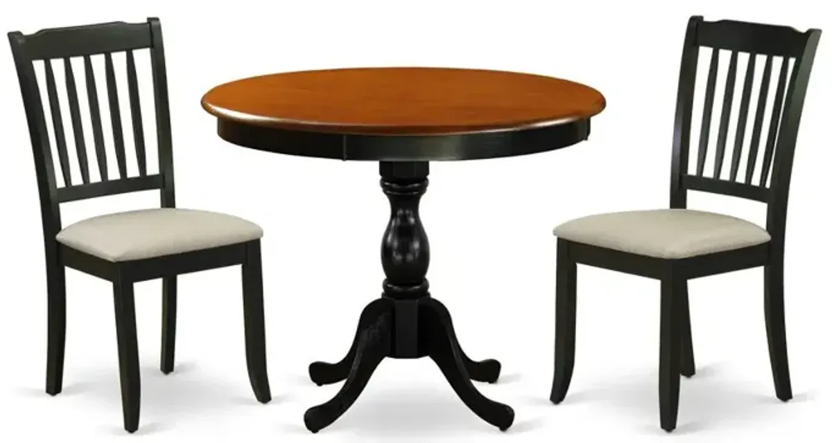 East West Furniture 3-Pc Dinning Room Set Includes a Wood Dining Room Table and 2 Linen Fabric Mid Century Dining Chairs with Slatted Back - Black Finish