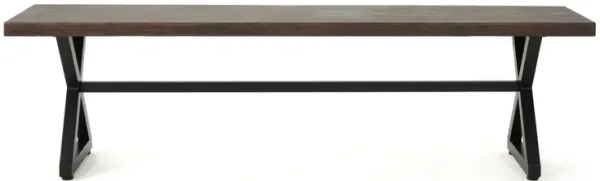 Romita Outdoor Dining Bench, X Legs, Brown Metal, Black Steel, 63 Inch - Benzara