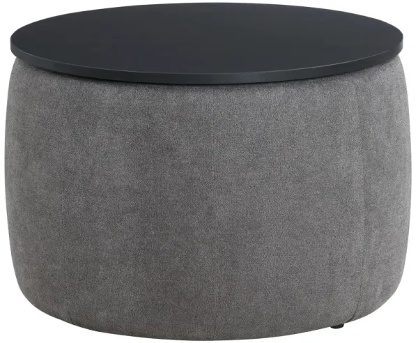 Soi 30 Inch Storage Ottoman table, Black Round Top Lift, Gray Chenille  - Benzara