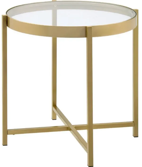End Table with Round Glass Top and Metal Frame, Gold-Benzara
