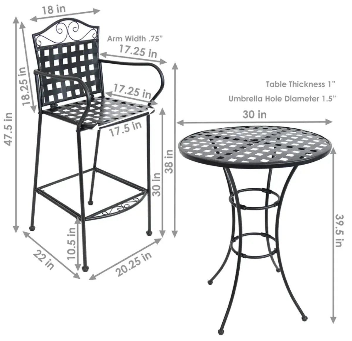 Sunnydaze Scrolling Wrought Iron Patio Bar-Height Table and Chairs - Black